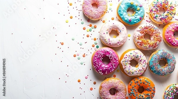 Fototapeta A vibrant assortment of colorful glazed donuts with sprinkles, arranged on a white background with ample copy space for a playful, inviting look