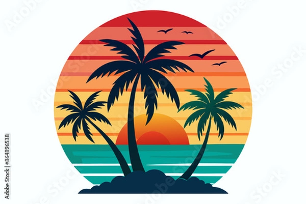 Fototapeta Tropical sunset with palm trees vector illustration, Retro and vintage summer vibes t-shirt design with palm tree
