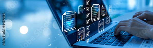 Obraz Document management concept, check electronic documents on digital documents on virtual screen Document Management System and process automation to efficiently document paperless operate