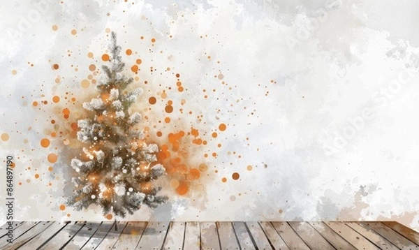 Fototapeta an empty wooden table in a setting with a christmas tree, in the style of light white and light brown, multilayered 
