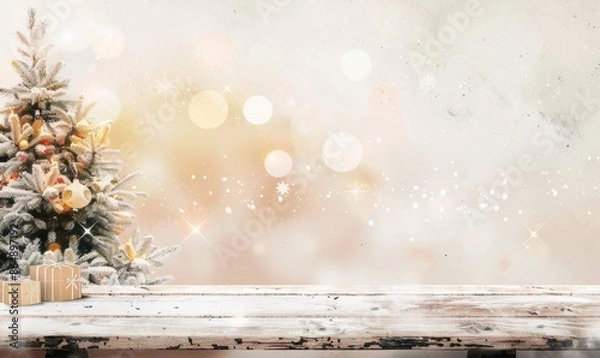 Fototapeta an empty wooden table in a setting with a christmas tree, in the style of light white and light brown, multilayered texture, bokeh, light orange and light gray, organic