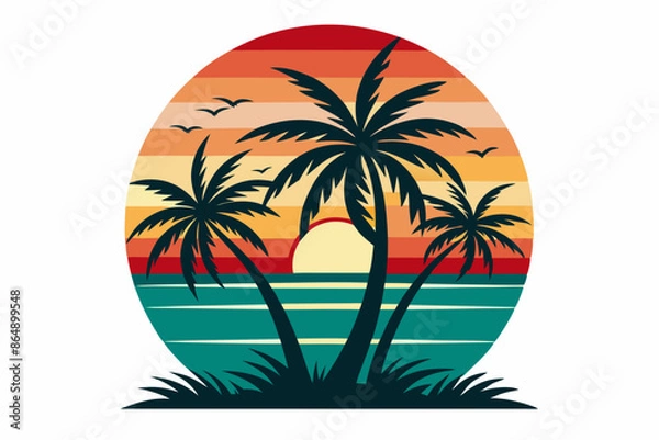 Fototapeta Tropical sunset with palm trees vector illustration, Retro and vintage summer vibes t-shirt design with palm tree
