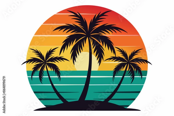 Fototapeta Tropical sunset with palm trees vector illustration, Retro and vintage summer vibes t-shirt design with palm tree
