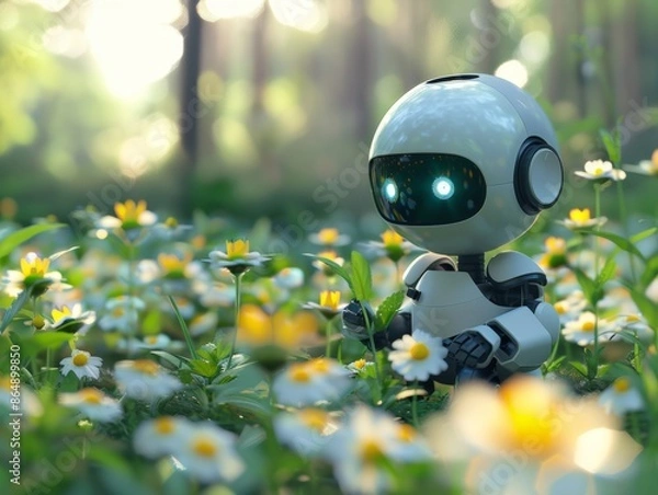 Fototapeta Cute robot exploring a field of daisies in the forest