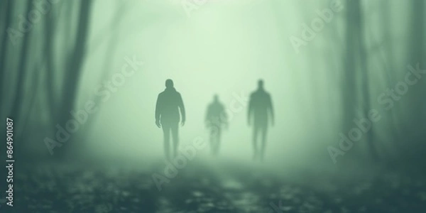 Obraz Three mysterious figures walking through a foggy forest, creating an eerie and suspenseful atmosphere, perfect for horror or thriller themes.