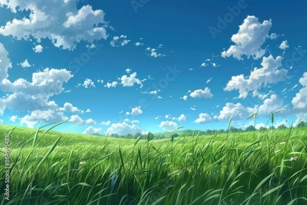 Fototapeta Grass Field landscape with blue sky and white cloud. Blue sky clouds sunny day wallpaper. Cartoon illustration of a Grass Field with blue sky in Summer. green field in a day.