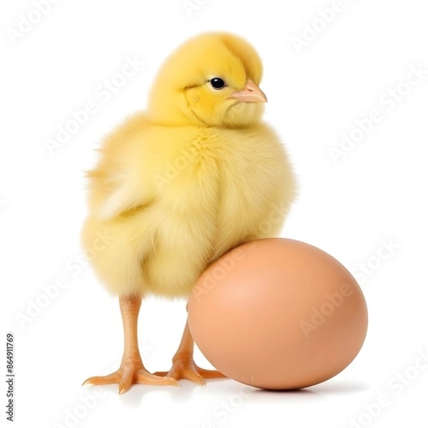 Obraz An easter fluffy yellow chick standing next to a brown egg with copy space