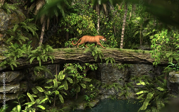 Obraz 3d Illustration Portrait of Cougar Walk on a tree bridge across a river in the deep forest.