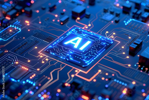 Fototapeta micro chip with AI text, artificial intelligence