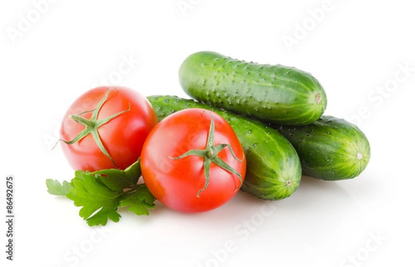 Fototapeta Fresh Tomatoes, Cucumbers and Parsley isolated on white background