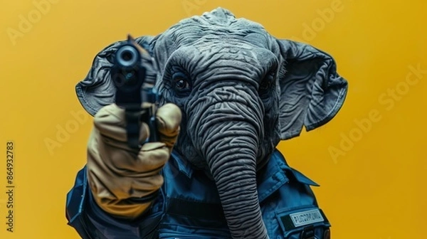 Obraz Angry Elephant Police costume, holding gun ready to shoot, isolated color background