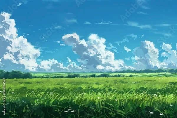 Fototapeta Grass Field landscape with blue sky and white cloud. Blue sky clouds sunny day wallpaper. Cartoon illustration of a Grass Field with blue sky in Summer. green field in a day.
