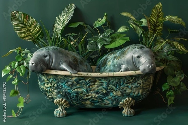 Fototapeta Two manatees relaxing in a bathtub surrounded by lush greenery