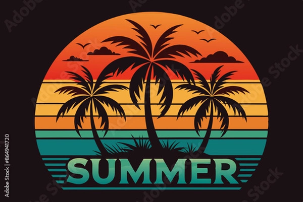 Fototapeta Summer t-shirt design. Retro and vintage summer vibes t-shirt design with palm tree, sea beach, and sunset vector illustration