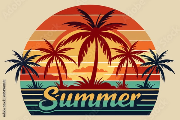 Fototapeta Summer t-shirt design. Retro and vintage summer vibes t-shirt design with palm tree, sea beach, and sunset vector illustration