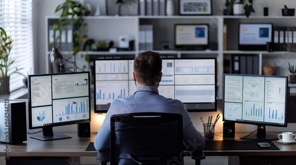 Fototapeta HR manager sits at his desk, managing employee records and recruitment processes on multi computer screens