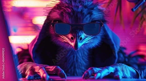 Fototapeta Funny emu bird in sunglasses working on the laptop in the night. Hacker in hoodie dark neon theme 