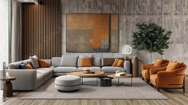 Fototapeta A stylish living room featuring modern furniture, large windows, and minimalist decor, creating a spacious and comfortable environment perfect for relaxation.
