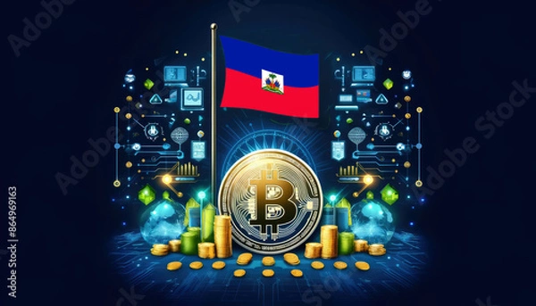 Fototapeta Bitcoin, the Haiti flag, and global elements highlight the international impact and growing significance of cryptocurrency