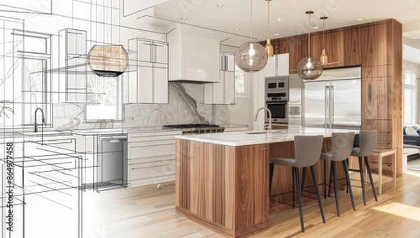 Fototapeta Modern kitchen with white marble wall panels and island bar, an interior design concept. Design plan mockup in white and color of luxury house