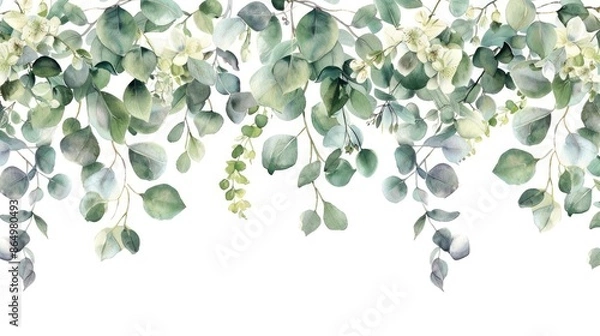 Fototapeta watercolor hanging wreath of eucalyptus greenery leaves, white background