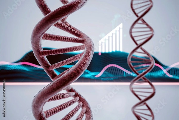 Fototapeta High-resolution image of a DNA double helix against a futuristic background, illustrating the concepts of medical science, biotechnology, and gene manipulation. 