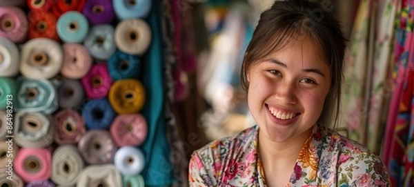 Fototapeta Young woman with Down syndrome working in fabric store, looking joyful and smiling
