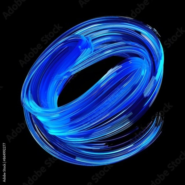 Fototapeta A blue glowing light neon brush line on black background