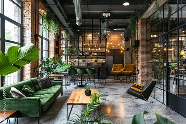 Fototapeta A stylish coworking space featuring exposed brick walls, large windows, and lush greenery