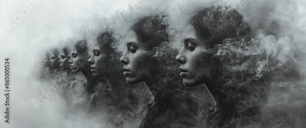 Fototapeta A collection of haunting and surreal images featuring ethereal, smoky figures and wisps of smoke blending with human forms. These abstract visuals evoke a sense of mystery and introspection, making th
