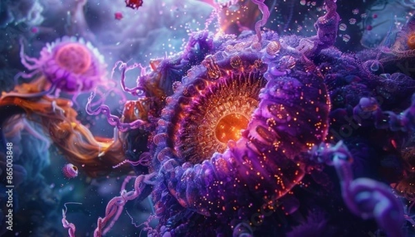 Fototapeta Vivid Digital Art of Glowing Microscopic Organism in Intricate Environment