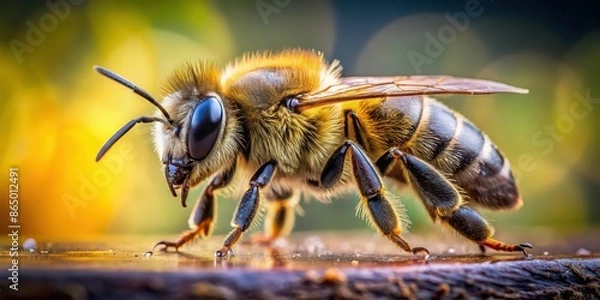 Fototapeta A close-up of a bee mid-sting, bee, insect, close-up, macro, nature, yellow and black, fear, danger, attack, sting, painful