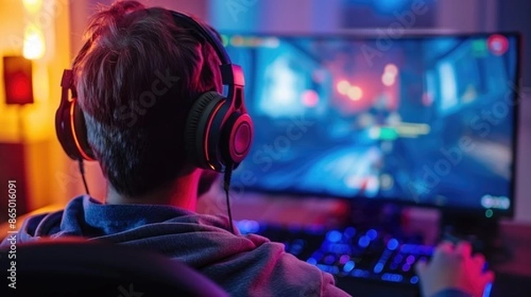 Fototapeta Cyber sport young man gamer wearing headphones playing video game at computer in neon light view from behind. The concept of cybersport