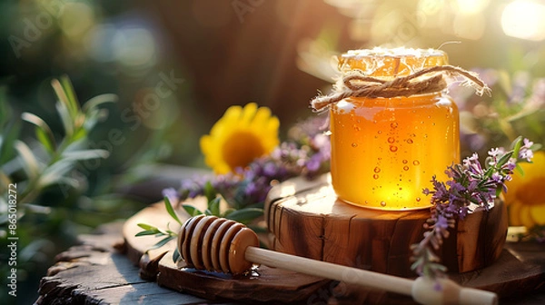 Fototapeta A glass jar filled with golden honey, accompanied by a honey dipper, set against a natural and outdoor background.