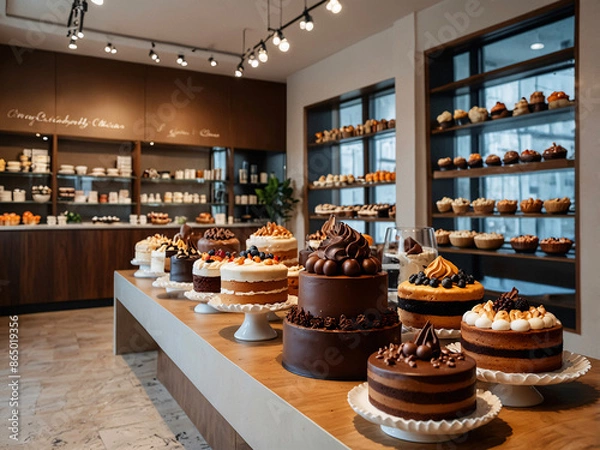Fototapeta A modern, well-lit bakery displays a variety of intricately designed cakes on tables.
