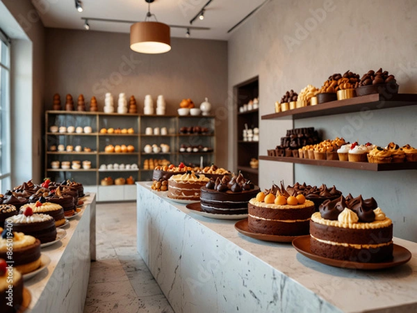 Fototapeta A beautifully arranged bakery displays a variety of cakes on modern marble tables. 