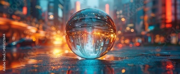 Fototapeta Glass ball with a reflection of a blurred sunset city lights in it on a reflective surface with a blurry background.