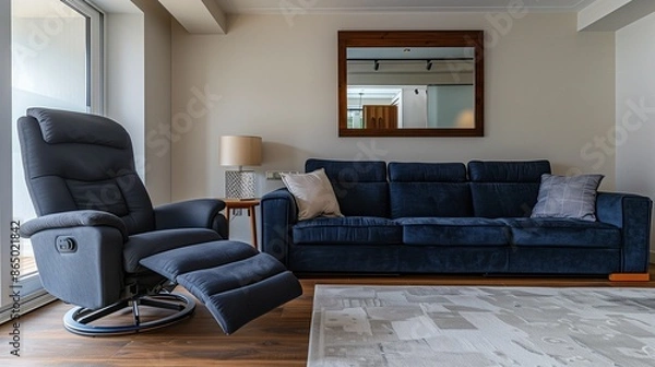Fototapeta A modern living room with a dark blue sofa, a recliner chair, and a wall-mounted, frameless mirror, creating a spacious feel