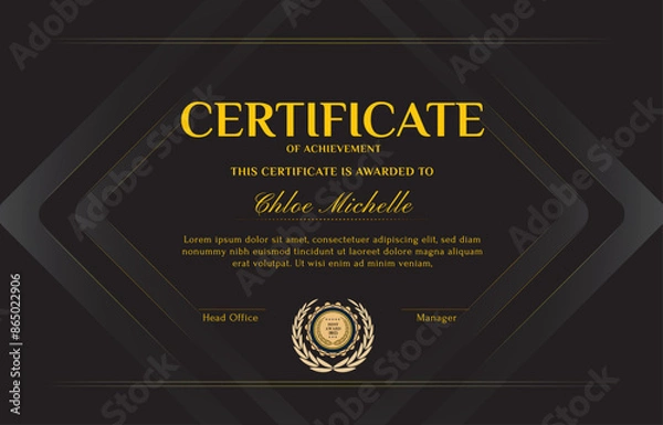 Fototapeta Elegant black and gold blue diploma certificate template with luxury badge and modern line pattern. For award, business, and education needs. Use for print, certificate, diploma, graduation