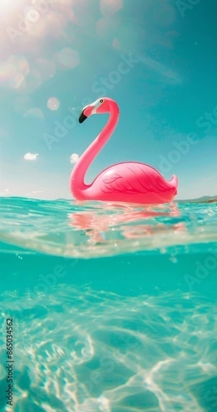 Fototapeta Bright pink inflatable flamingo float in crystal clear turquoise ocean water on a sunny day