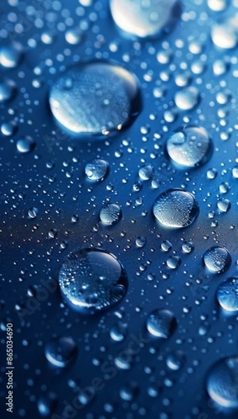 Fototapeta Water drops on a blue background with sky view, abstract nature and freshness concept