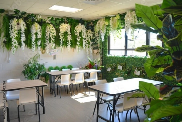 Fototapeta A room filled with numerous white tables and chairs, creating a serene atmosphere for learning, A tranquil classroom adorned with white plants and flowers