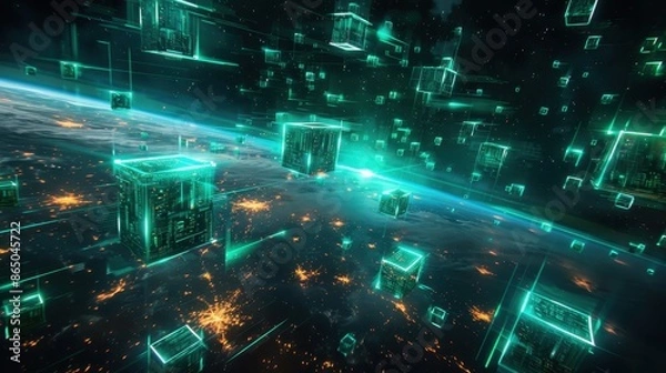 Fototapeta Digital globe with glowing green cubes, representing global connectivity and data exchange.