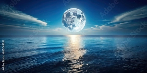 Fototapeta Scenic view of a full moon shining over the calm ocean at night, moon, ocean, night, full moon, reflection, water