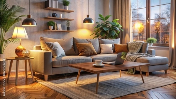 Fototapeta Cozy living room interior with modern sofa, coffee table, and laptop on it, surrounded by warm lighting and soft furnishings.