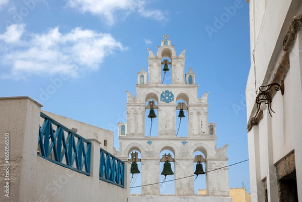 Obraz Santorini - Greece - May 17, 2024: Megalochori bell tower, Santorini, Cycladic Islands, Greece.