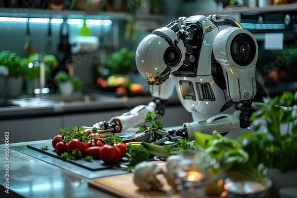 Fototapeta A robotic chef in a modern kitchen, preparing a gourmet meal with precision and efficiency, surrounded by fresh ingredients.