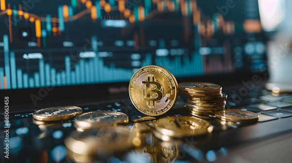 Fototapeta crypto currency with graph on digital screen,trade with dynamic market graphs bitcoin background.generative ai