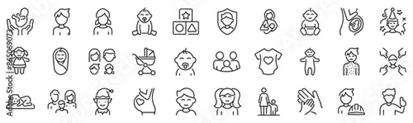 Fototapeta Set of 30 outline icons related to kids. Linear icon collection. Editable stroke. Vector illustration