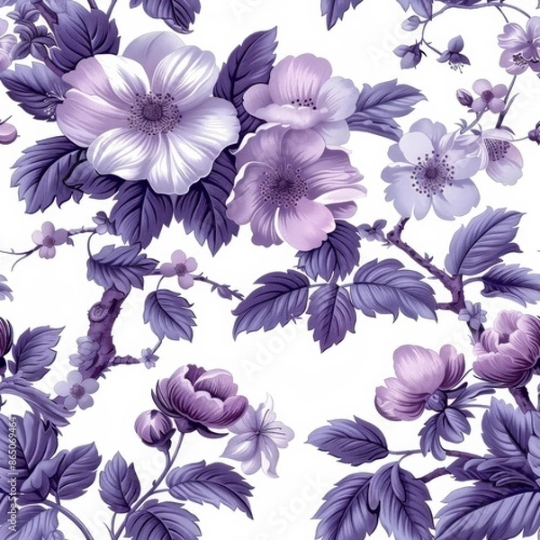 Fototapeta A floral pattern with white background and purple, lilac and violet elements.